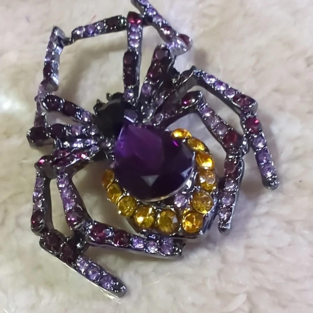 Elegant Jeweled Spider Rhinestone Brooch Purple & Gold Stones Vintage